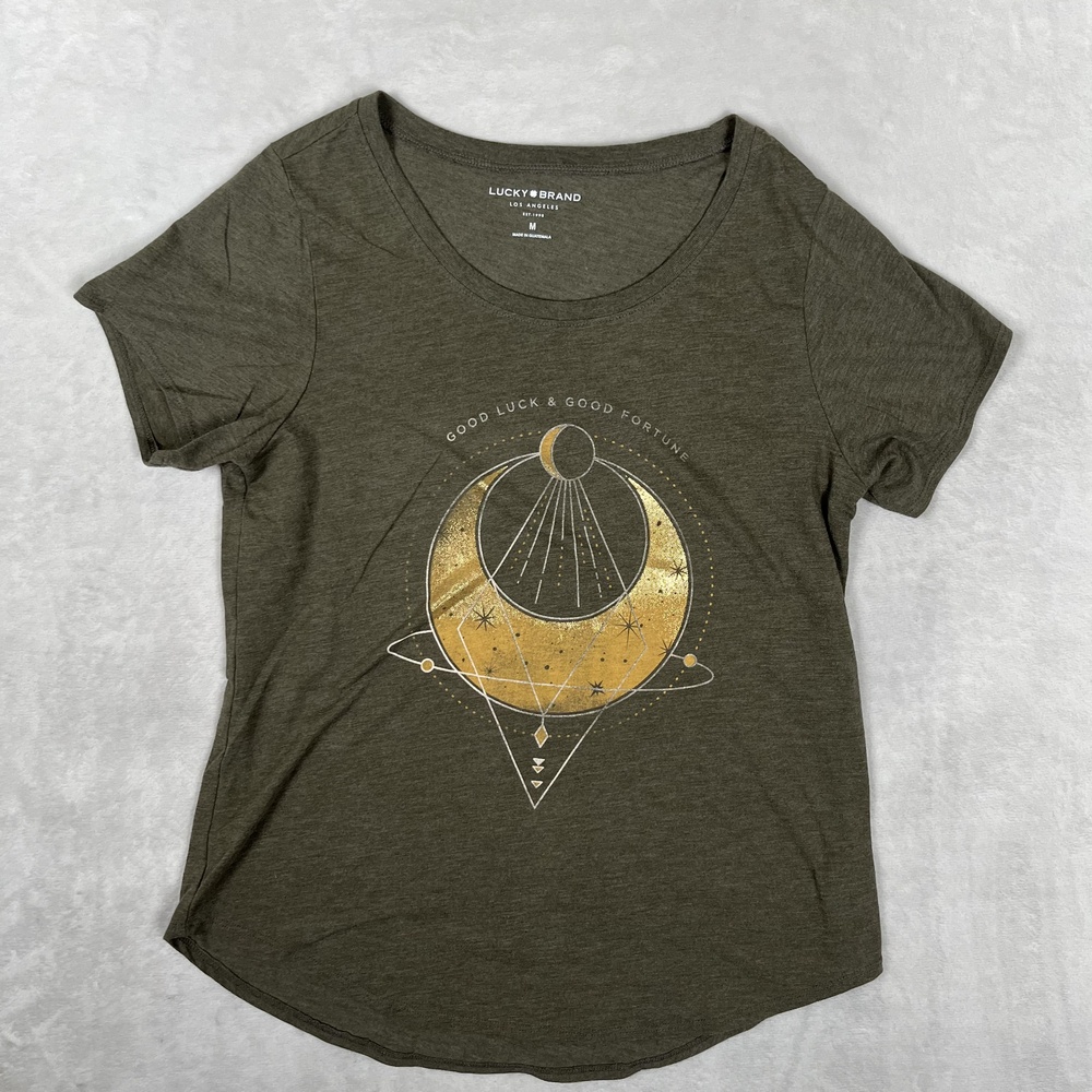 Lucky Brand T-Shirt Womens Medium Green Good Luck Moon Celestial Graphic Tee